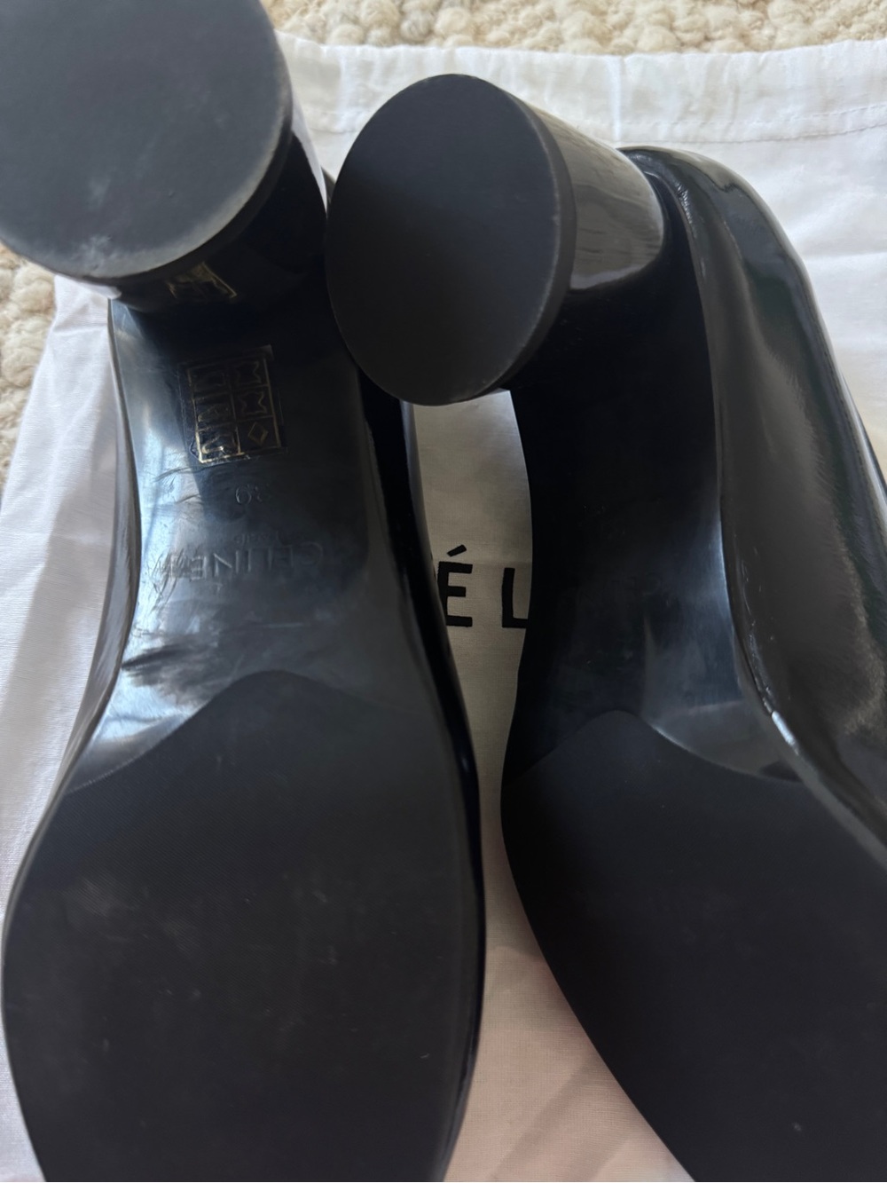 Celine Black Patent Leather Pumps with Gold Double C Logo - Picture 6 of 12